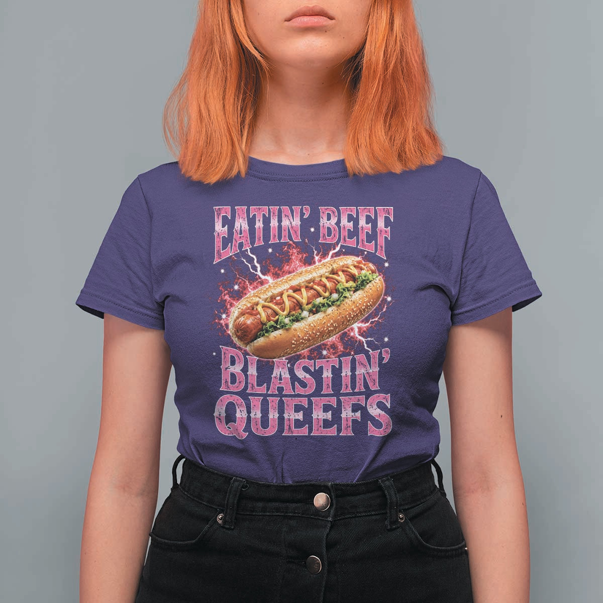 Eatin Beef Blastin' Queefs Funny Embarrassing Hot Dog Retro Bootleg T Shirt For Women