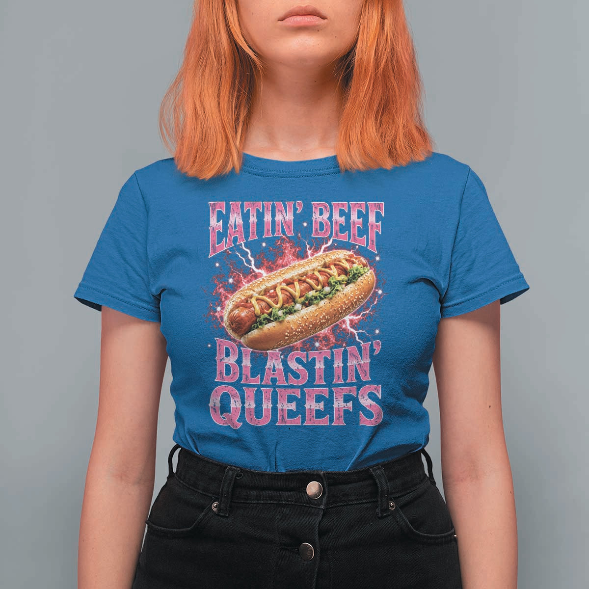 Eatin Beef Blastin' Queefs Funny Embarrassing Hot Dog Retro Bootleg T Shirt For Women