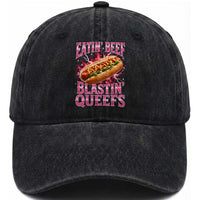 Eatin Beef Blastin' Queefs Funny Embarrassing Hot Dog Retro Bootleg Washed Cotton Baseball Cap