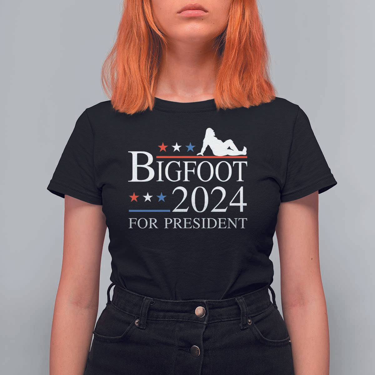 Funny Bigfoot For President T Shirt For Women Vote Sexy Sasquatch American Flag Star - Wonder Print Shop