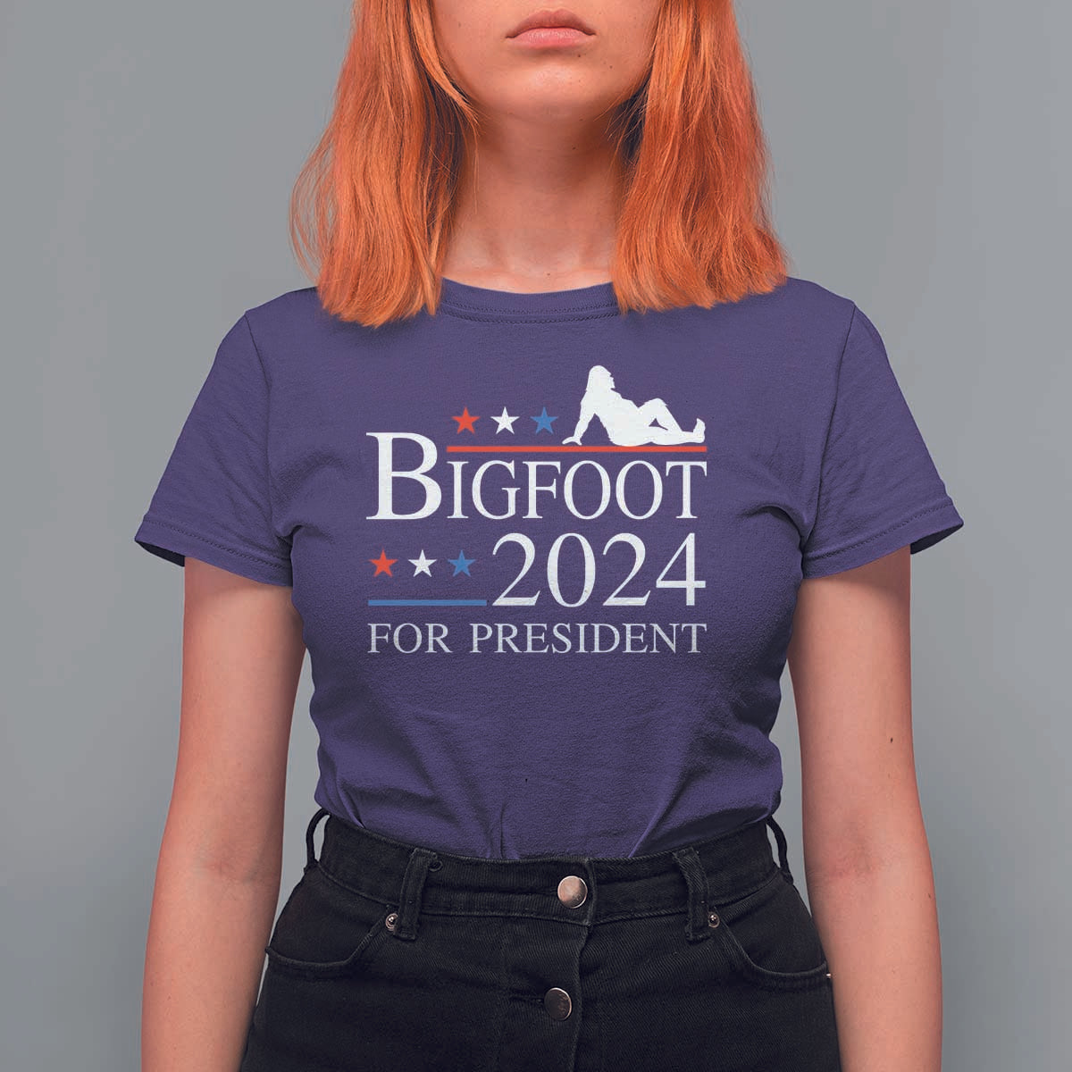 Funny Bigfoot For President T Shirt For Women Vote Sexy Sasquatch American Flag Star - Wonder Print Shop