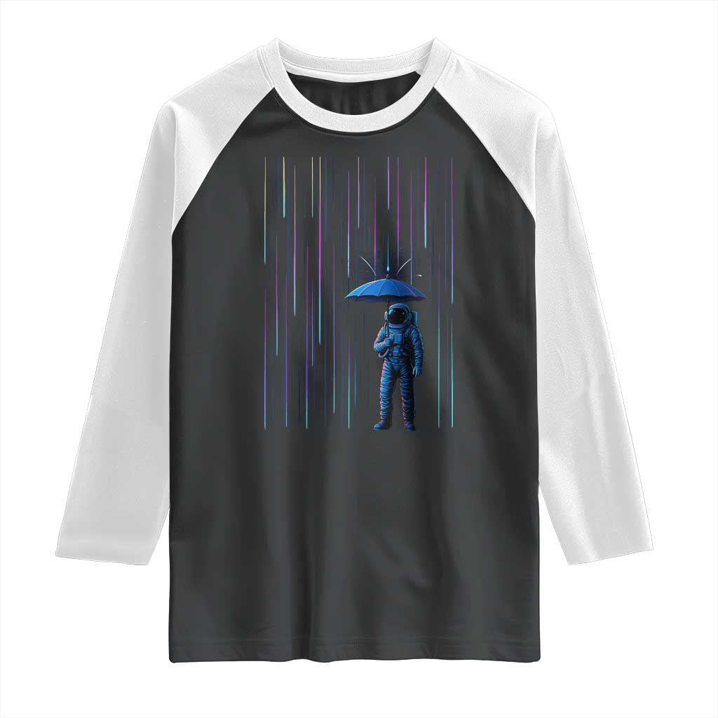 Perseid Meteor Shower Raining Astronaut With Umbrella Raglan Shirt - Wonder Print Shop