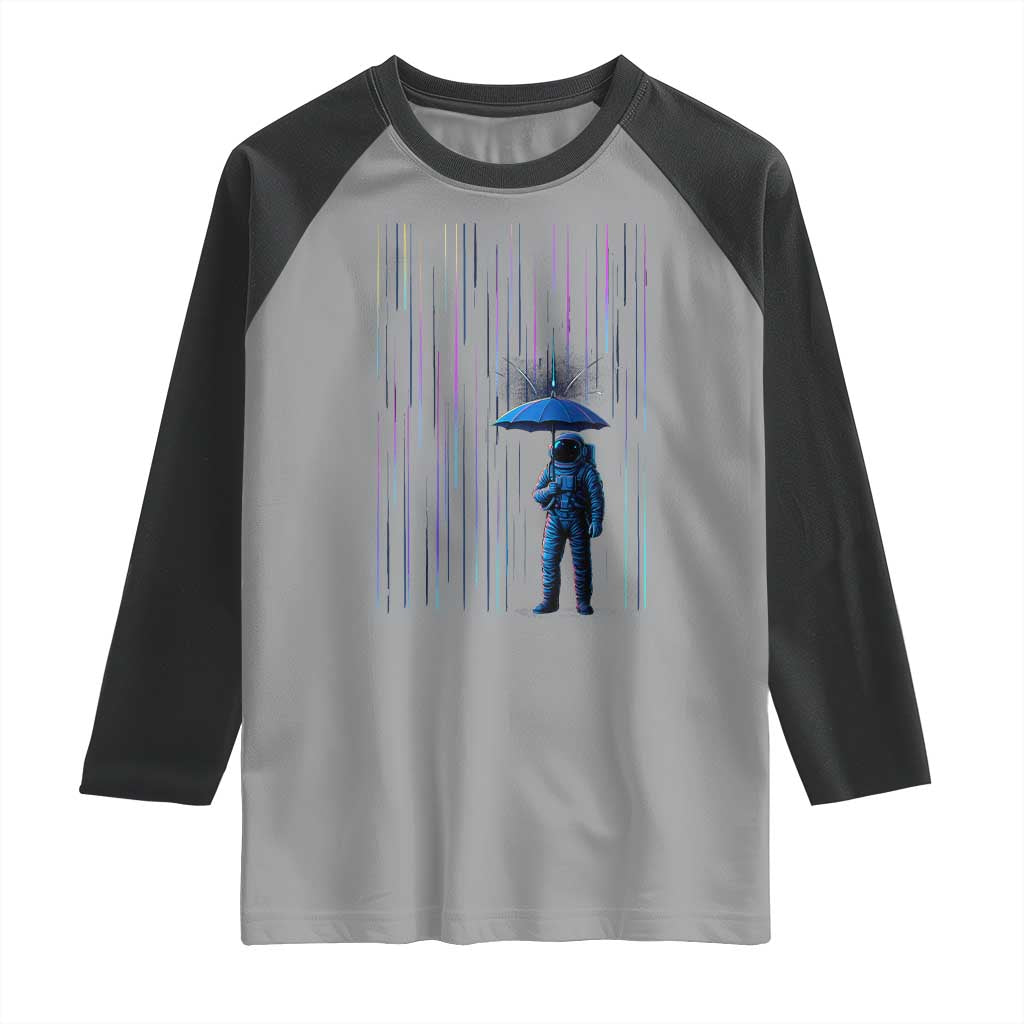 Perseid Meteor Shower Raining Astronaut With Umbrella Raglan Shirt - Wonder Print Shop
