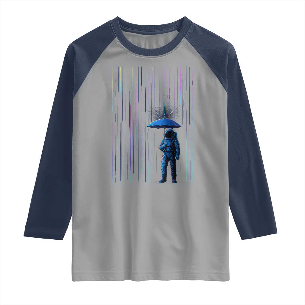 Perseid Meteor Shower Raining Astronaut With Umbrella Raglan Shirt - Wonder Print Shop