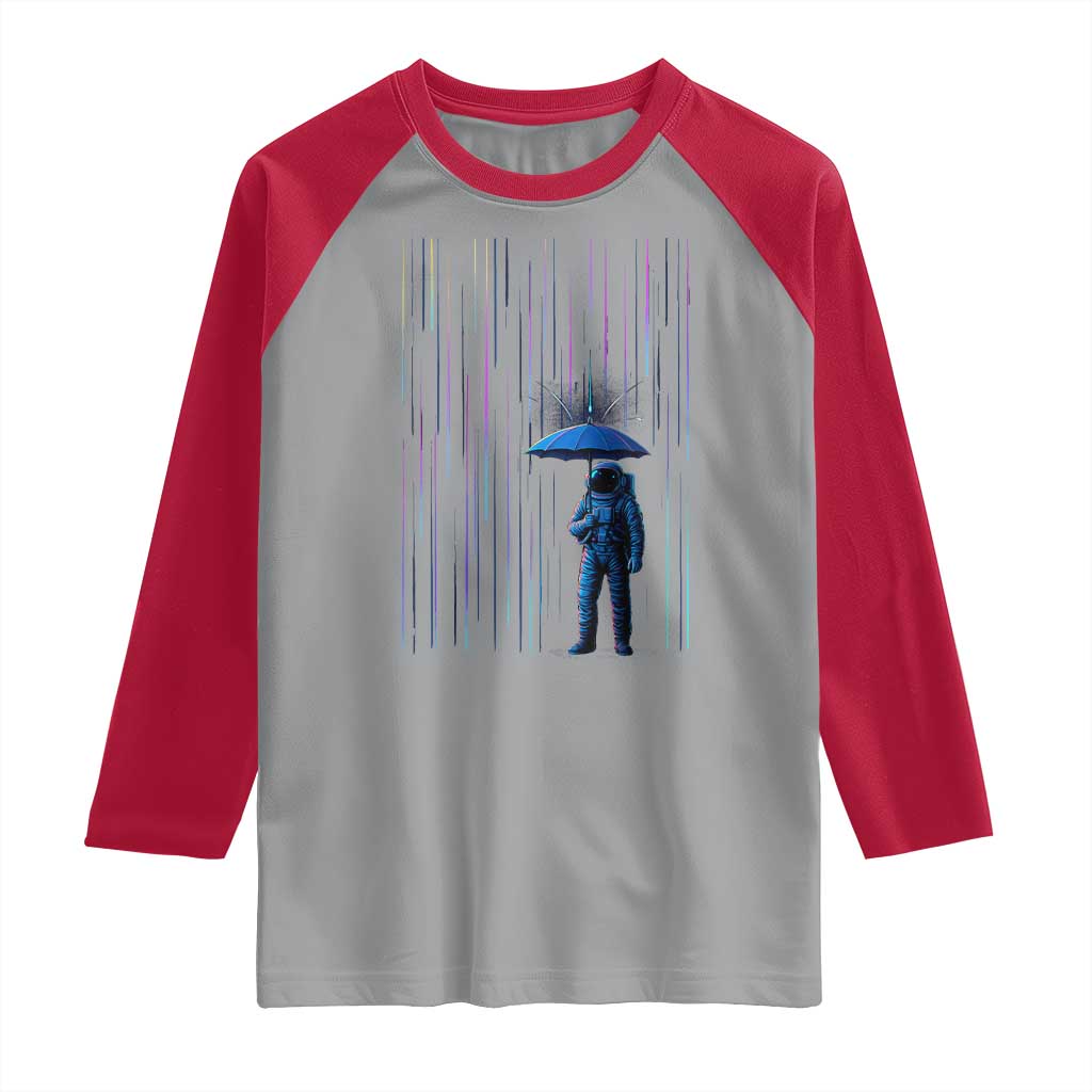 Perseid Meteor Shower Raining Astronaut With Umbrella Raglan Shirt - Wonder Print Shop