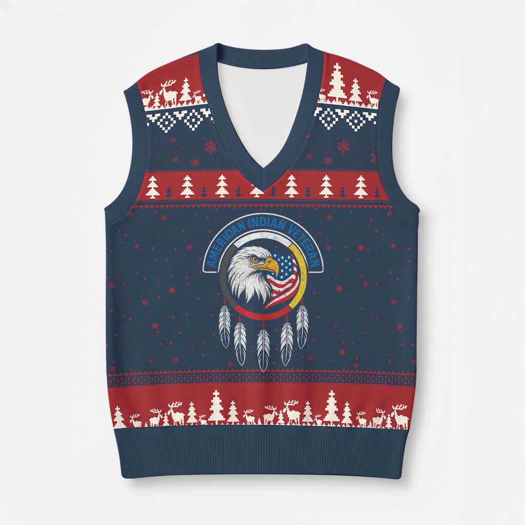 American Indian Veteran V-Neck Knit Sweater Vest Native American Veteran Eagle Dreamcatcher - Wonder Print Shop