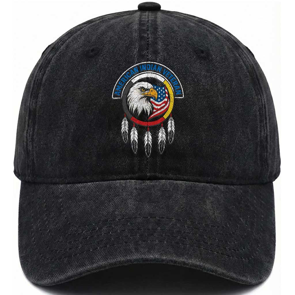 American Indian Veteran Washed Cotton Baseball Cap Native American Veteran Eagle Dreamcatcher