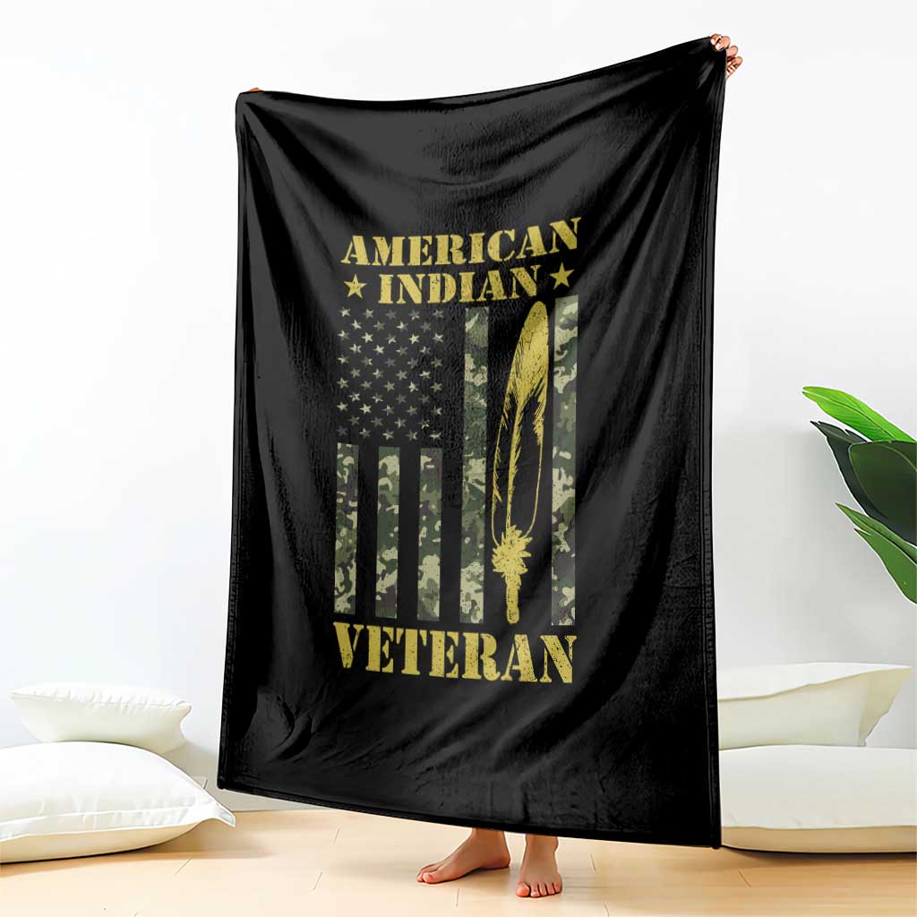 American Indian Veteran Throw Blanket Native American Veteran Feathers Camo Flag - Wonder Print Shop
