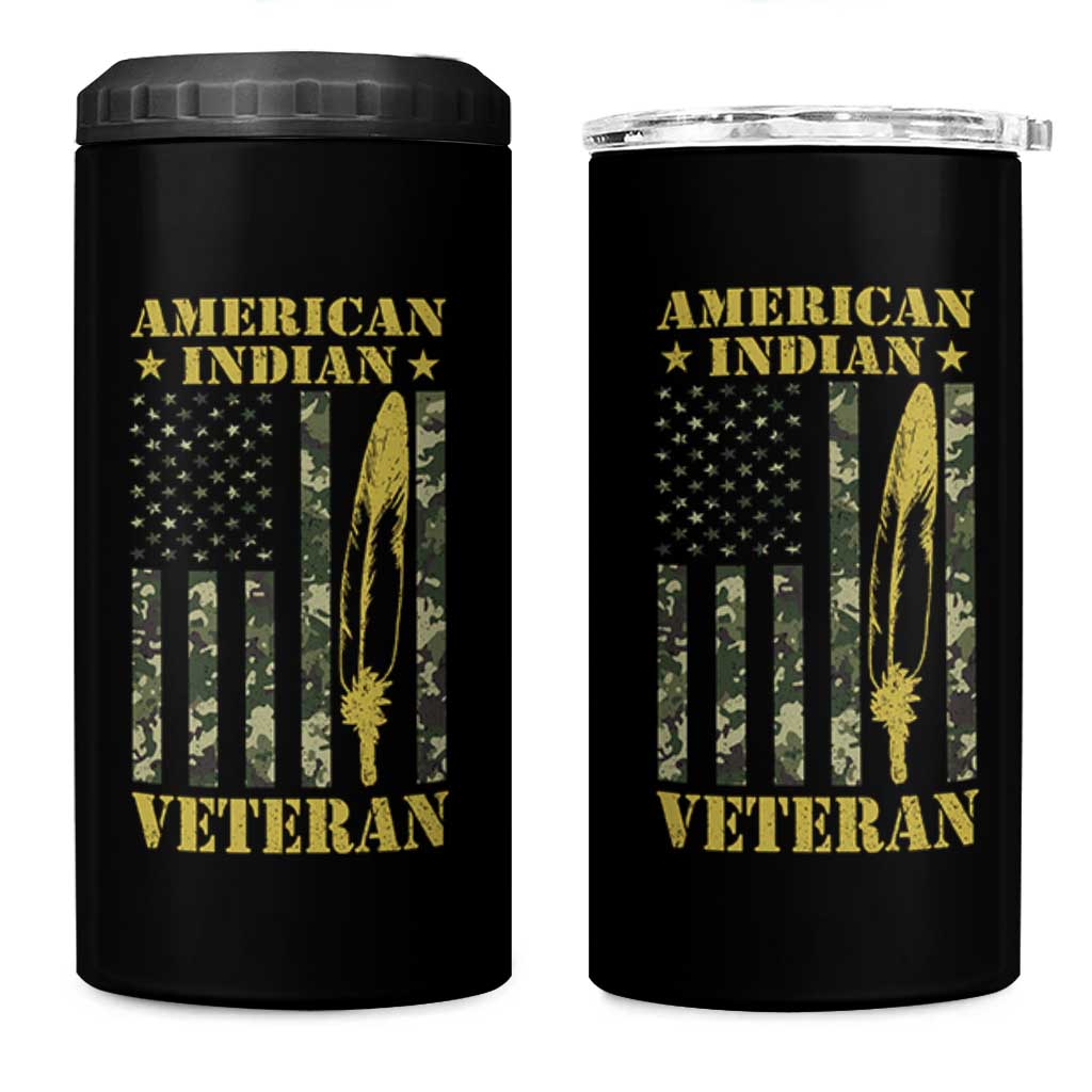 American Indian Veteran 4 in 1 Can Cooler Tumbler Native American Veteran Feathers Camo Flag - Wonder Print Shop