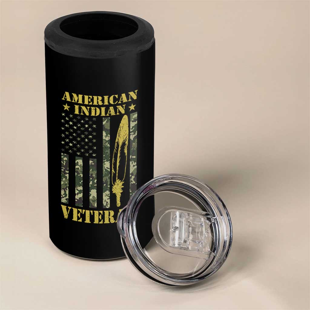 American Indian Veteran 4 in 1 Can Cooler Tumbler Native American Veteran Feathers Camo Flag - Wonder Print Shop