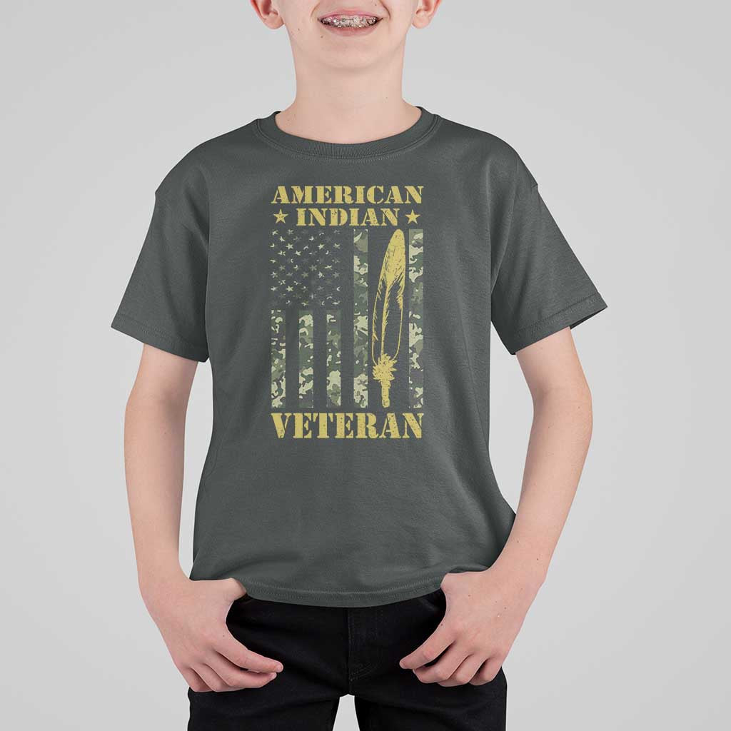 American Indian Veteran T Shirt For Kid Native American Veteran Feathers Camo Flag - Wonder Print Shop