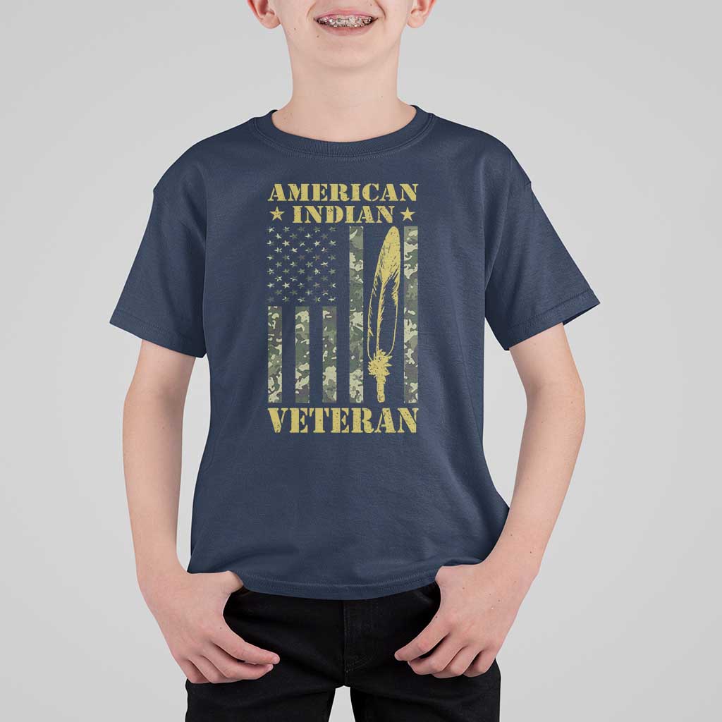 American Indian Veteran T Shirt For Kid Native American Veteran Feathers Camo Flag - Wonder Print Shop