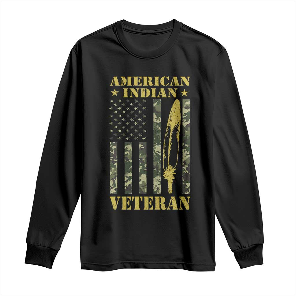 American Indian Veteran Long Sleeve Shirt Native American Veteran Feathers Camo Flag - Wonder Print Shop