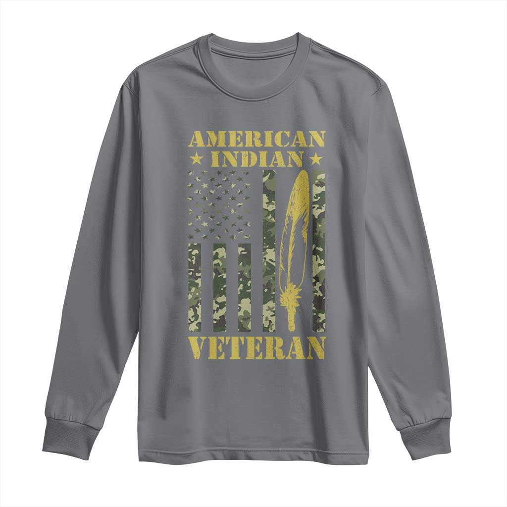 American Indian Veteran Long Sleeve Shirt Native American Veteran Feathers Camo Flag - Wonder Print Shop