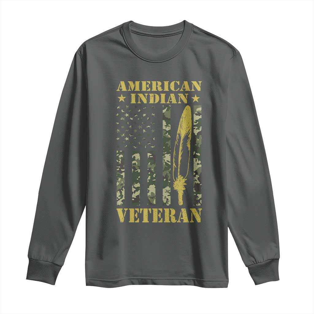 American Indian Veteran Long Sleeve Shirt Native American Veteran Feathers Camo Flag - Wonder Print Shop