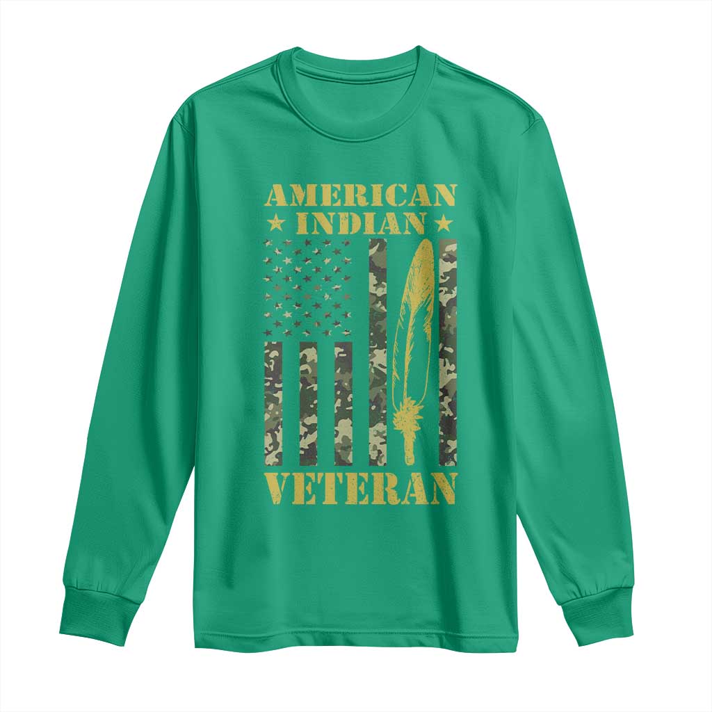American Indian Veteran Long Sleeve Shirt Native American Veteran Feathers Camo Flag - Wonder Print Shop