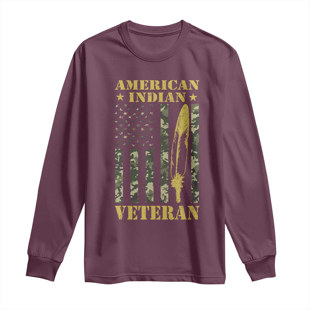 American Indian Veteran Long Sleeve Shirt Native American Veteran Feathers Camo Flag - Wonder Print Shop