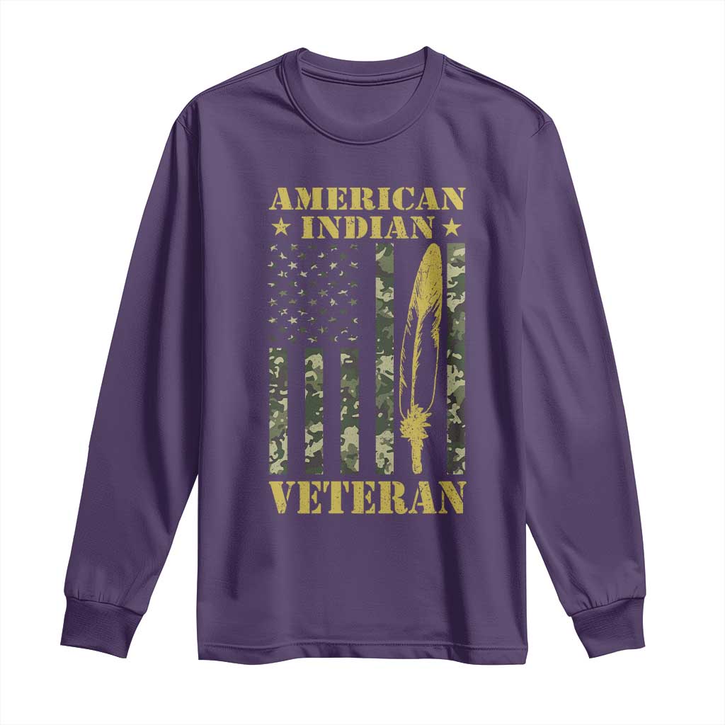 American Indian Veteran Long Sleeve Shirt Native American Veteran Feathers Camo Flag - Wonder Print Shop