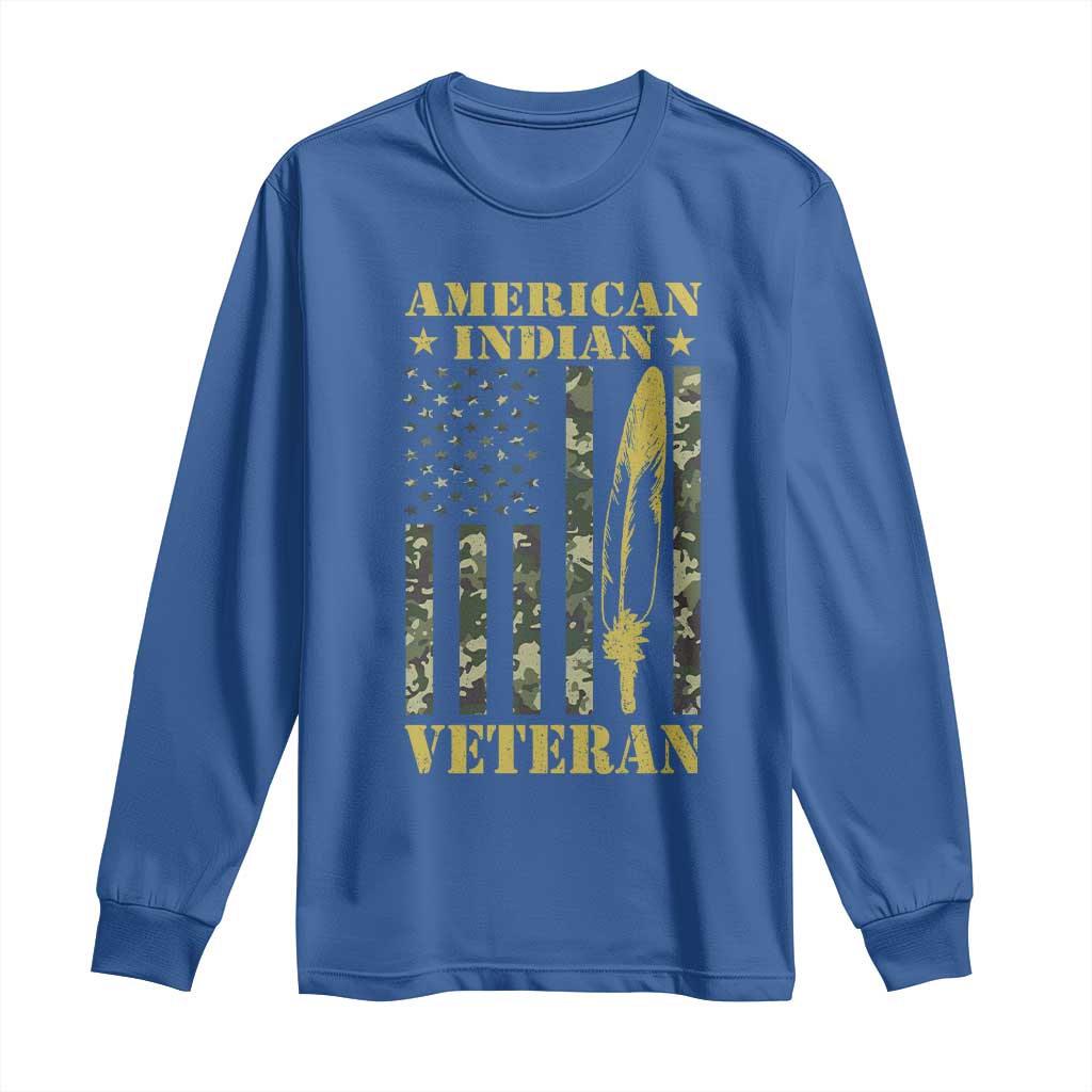 American Indian Veteran Long Sleeve Shirt Native American Veteran Feathers Camo Flag - Wonder Print Shop
