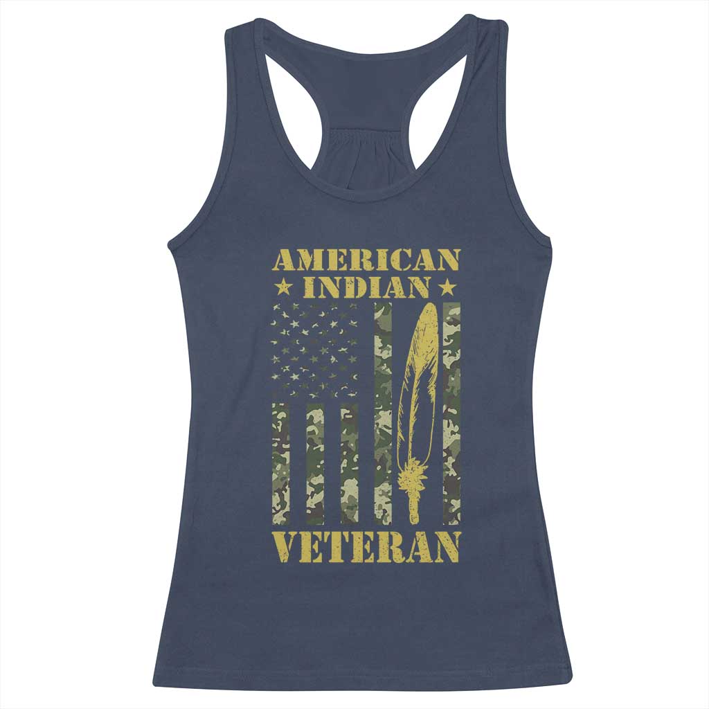 American Indian Veteran Racerback Tank Top Native American Veteran Feathers Camo Flag - Wonder Print Shop