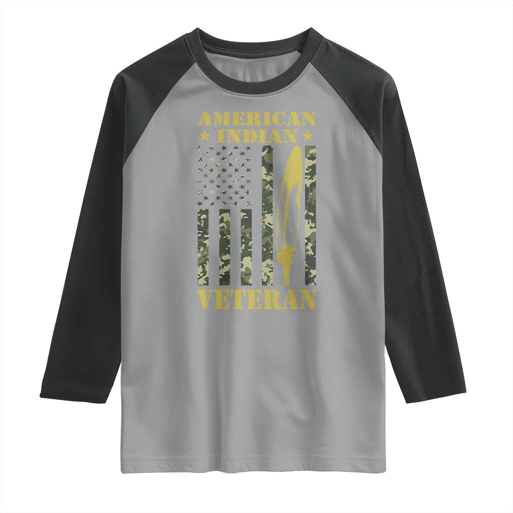 American Indian Veteran Raglan Shirt Native American Veteran Feathers Camo Flag - Wonder Print Shop