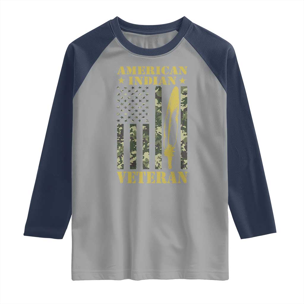 American Indian Veteran Raglan Shirt Native American Veteran Feathers Camo Flag - Wonder Print Shop