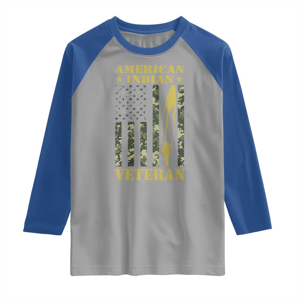 American Indian Veteran Raglan Shirt Native American Veteran Feathers Camo Flag - Wonder Print Shop
