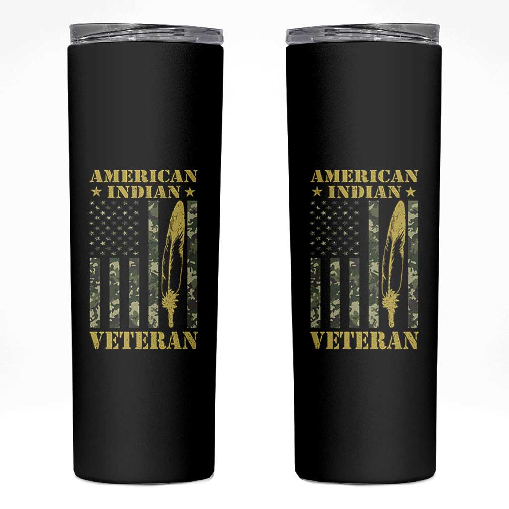 American Indian Veteran Skinny Tumbler Native American Veteran Feathers Camo Flag - Wonder Print Shop