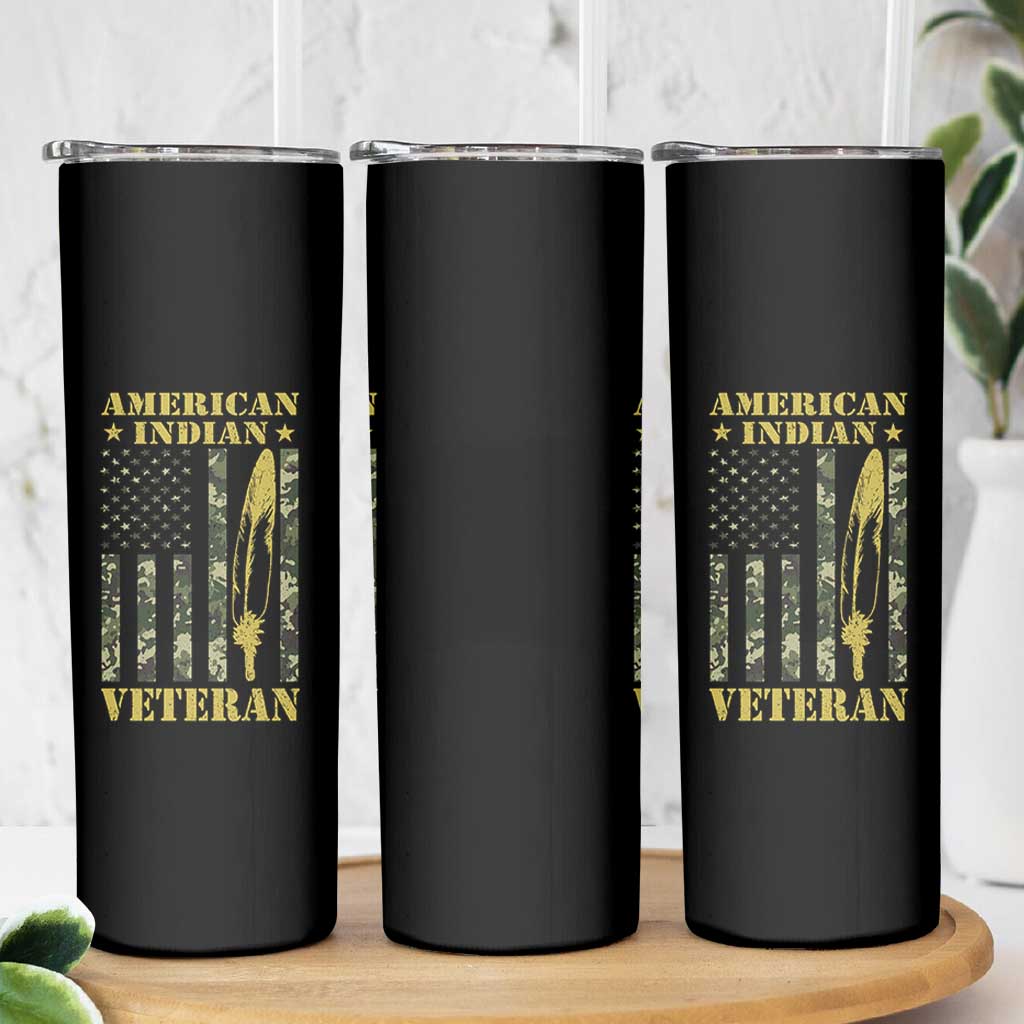 American Indian Veteran Skinny Tumbler Native American Veteran Feathers Camo Flag - Wonder Print Shop