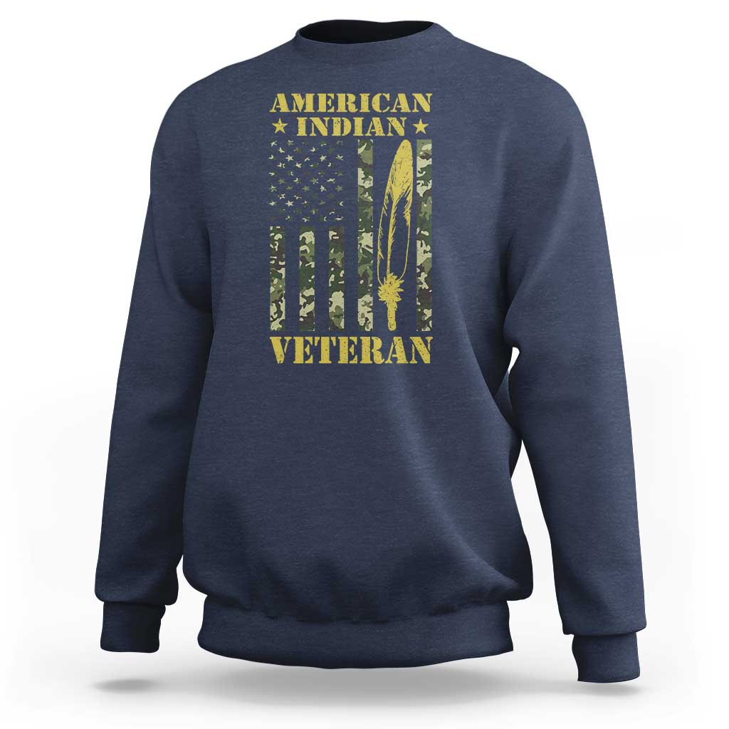 American Indian Veteran Sweatshirt Native American Veteran Feathers Camo Flag - Wonder Print Shop