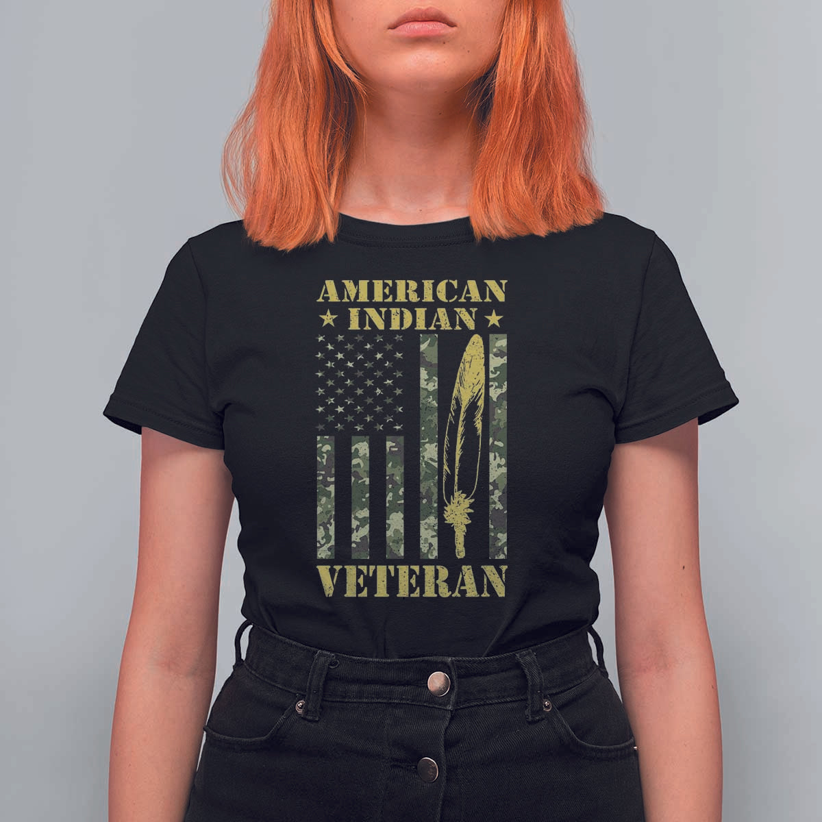 American Indian Veteran T Shirt For Women Native American Veteran Feathers Camo Flag - Wonder Print Shop