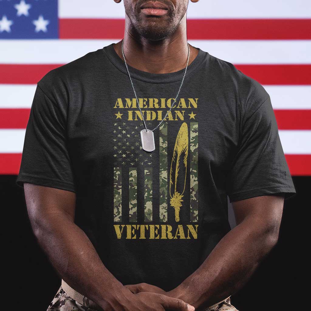 American Indian Veteran T Shirt Native American Veteran Feathers Camo Flag - Wonder Print Shop