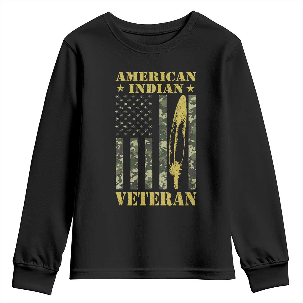 American Indian Veteran Youth Sweatshirt Native American Veteran Feathers Camo Flag - Wonder Print Shop