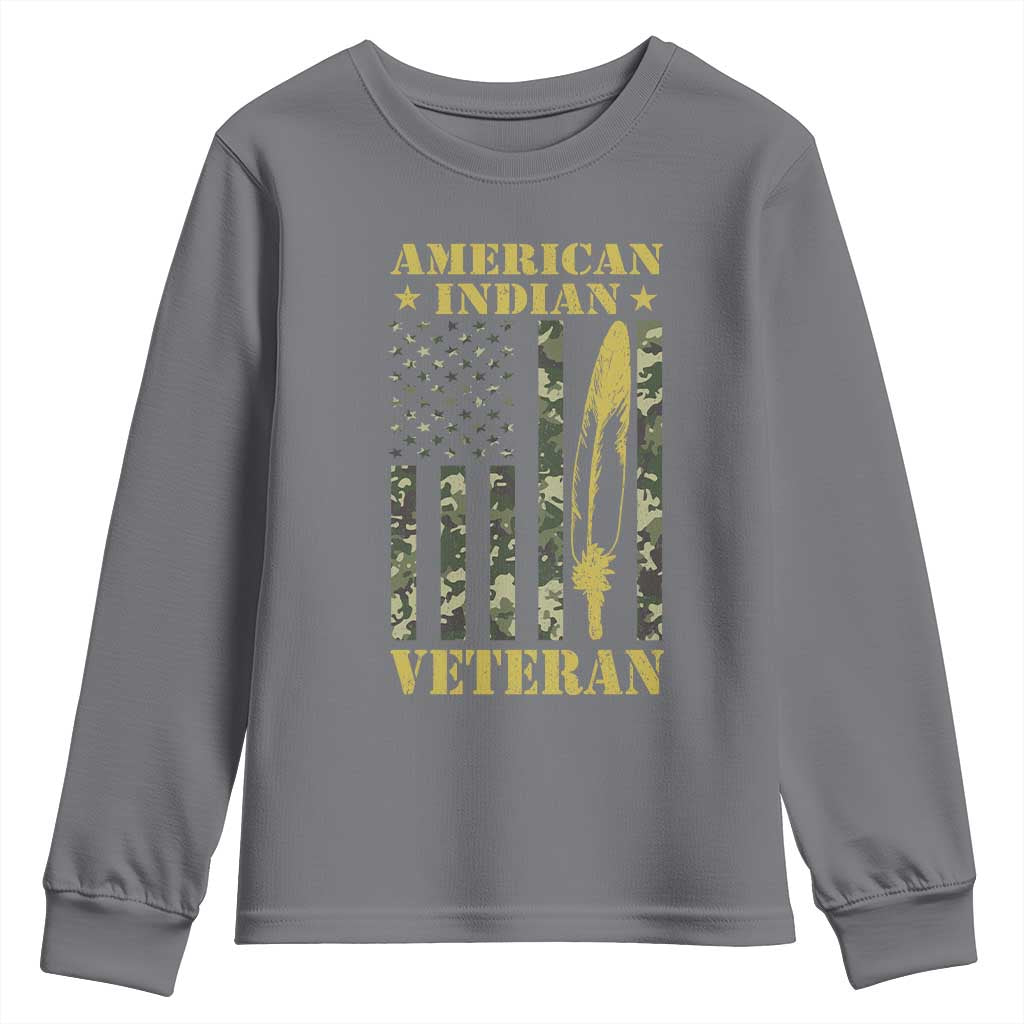American Indian Veteran Youth Sweatshirt Native American Veteran Feathers Camo Flag - Wonder Print Shop