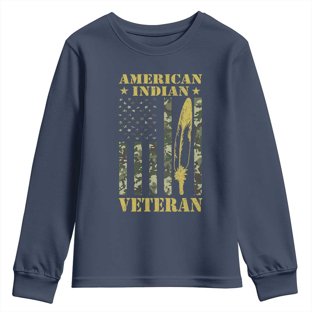 American Indian Veteran Youth Sweatshirt Native American Veteran Feathers Camo Flag - Wonder Print Shop