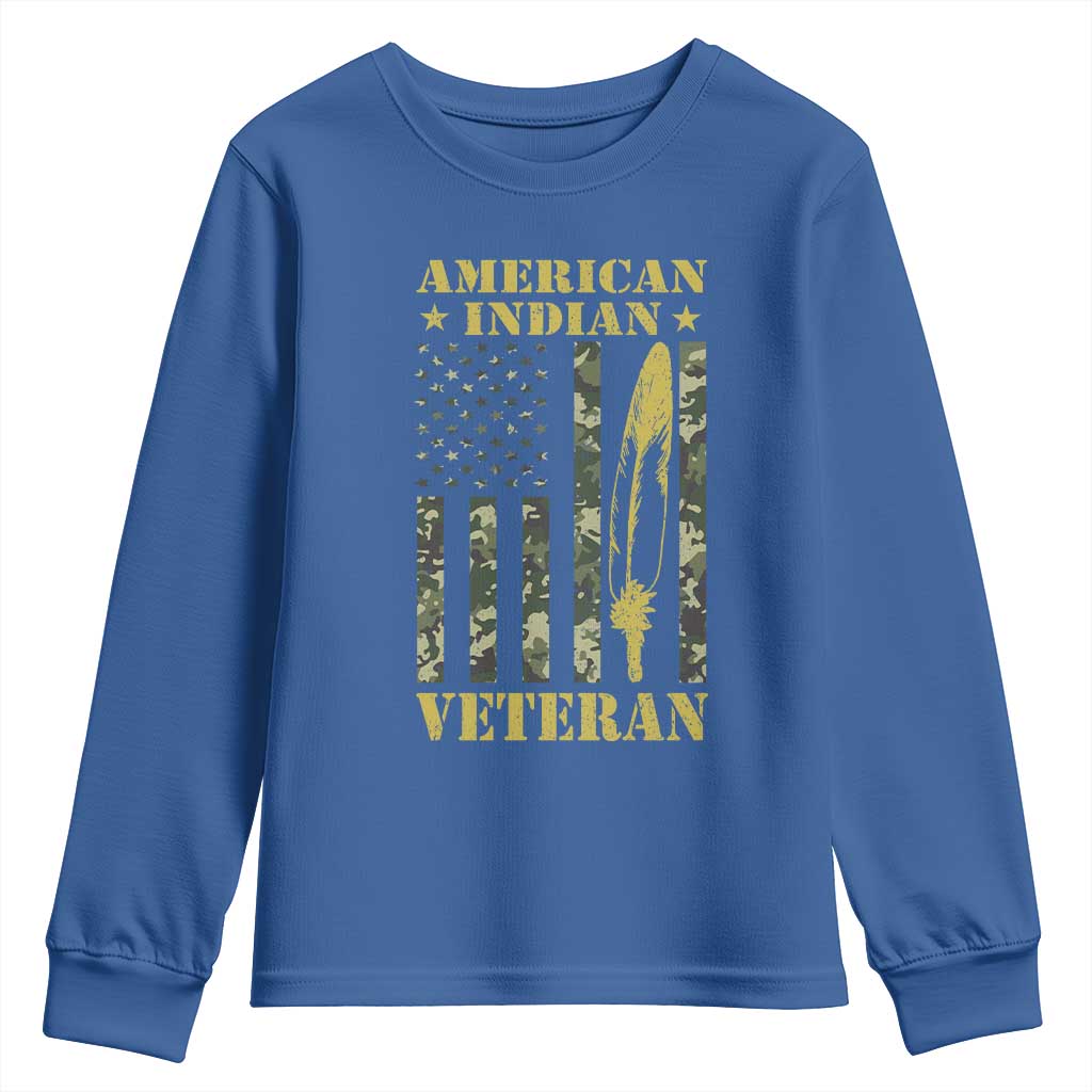 American Indian Veteran Youth Sweatshirt Native American Veteran Feathers Camo Flag - Wonder Print Shop