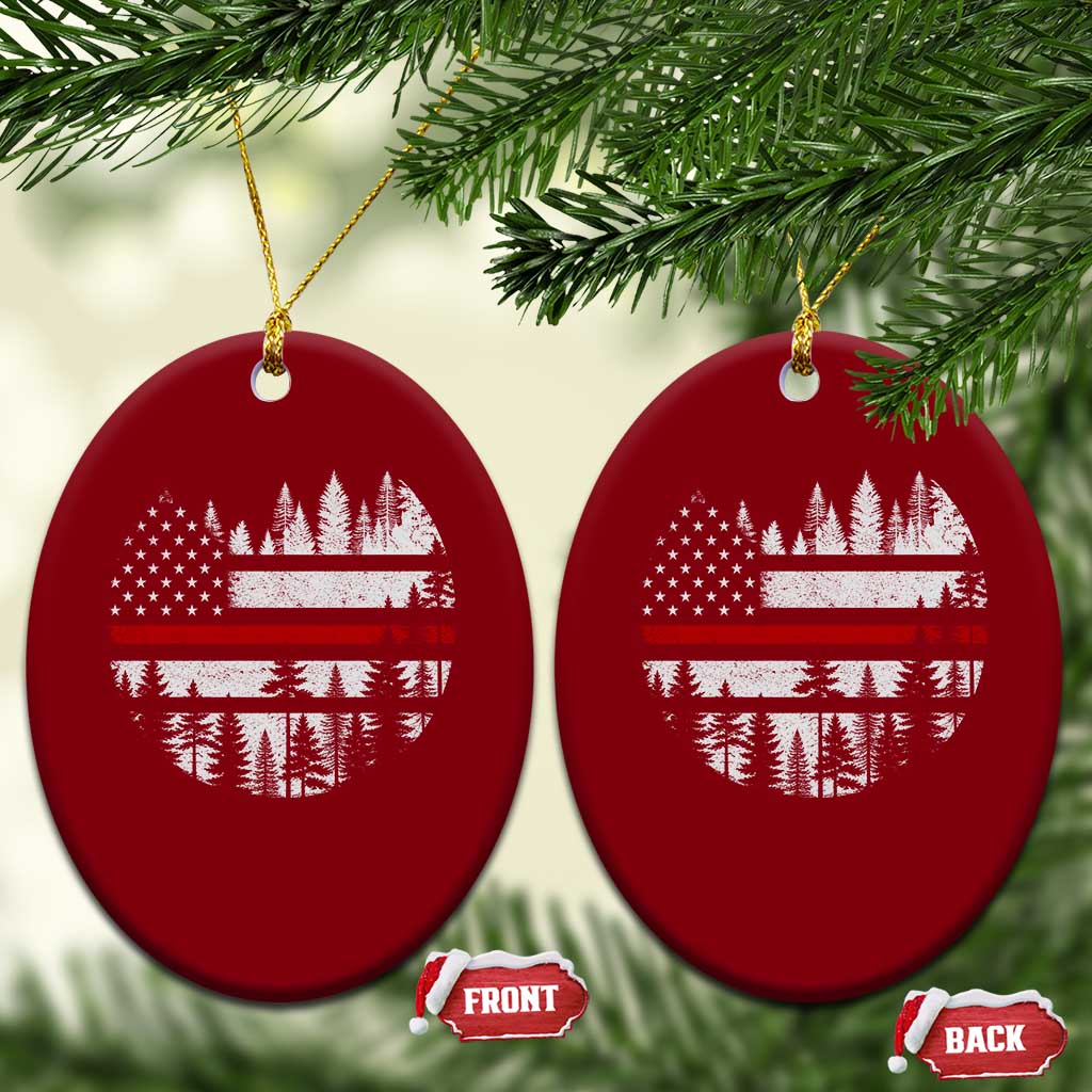 Wildland Firefighter Forest Red Line American Flag Ceramic Ornament