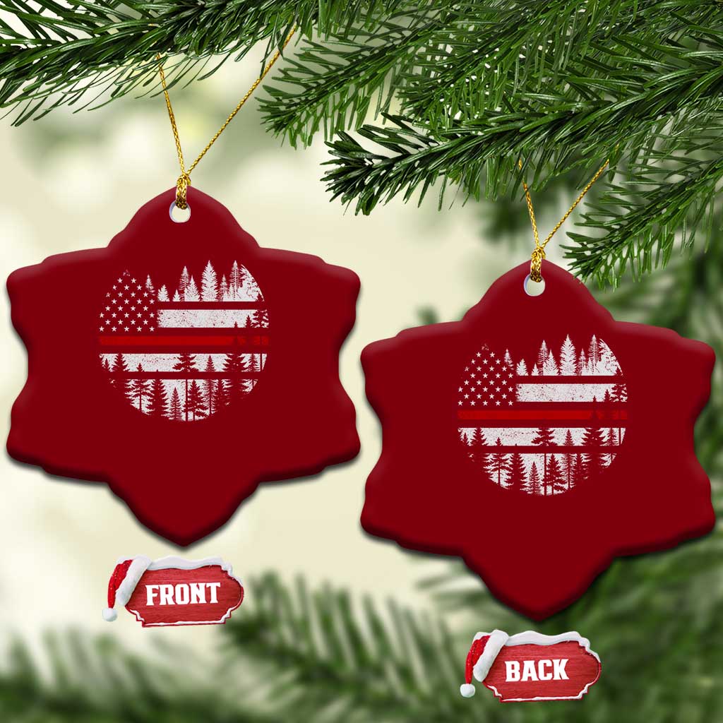 Wildland Firefighter Forest Red Line American Flag Ceramic Ornament