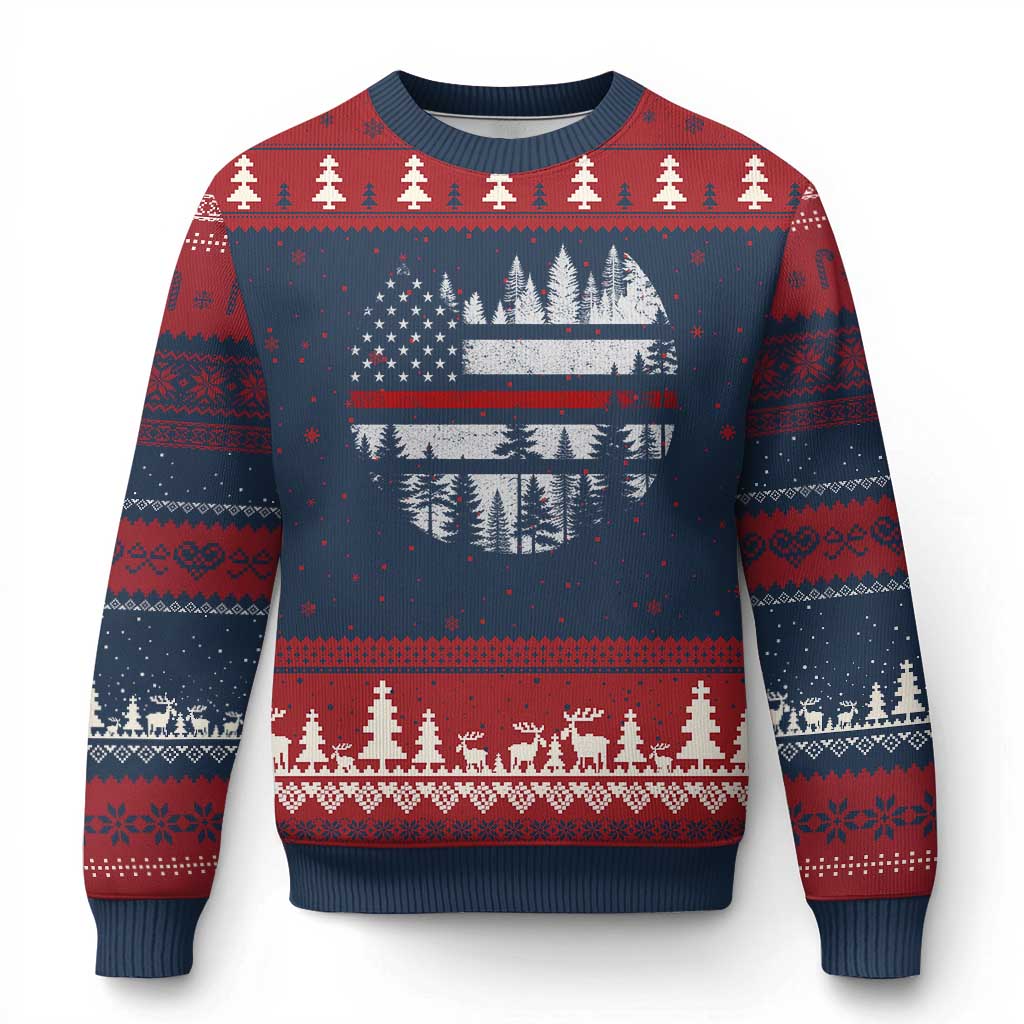 Wildland Firefighter Forest Red Line American Flag Ugly Christmas Sweater