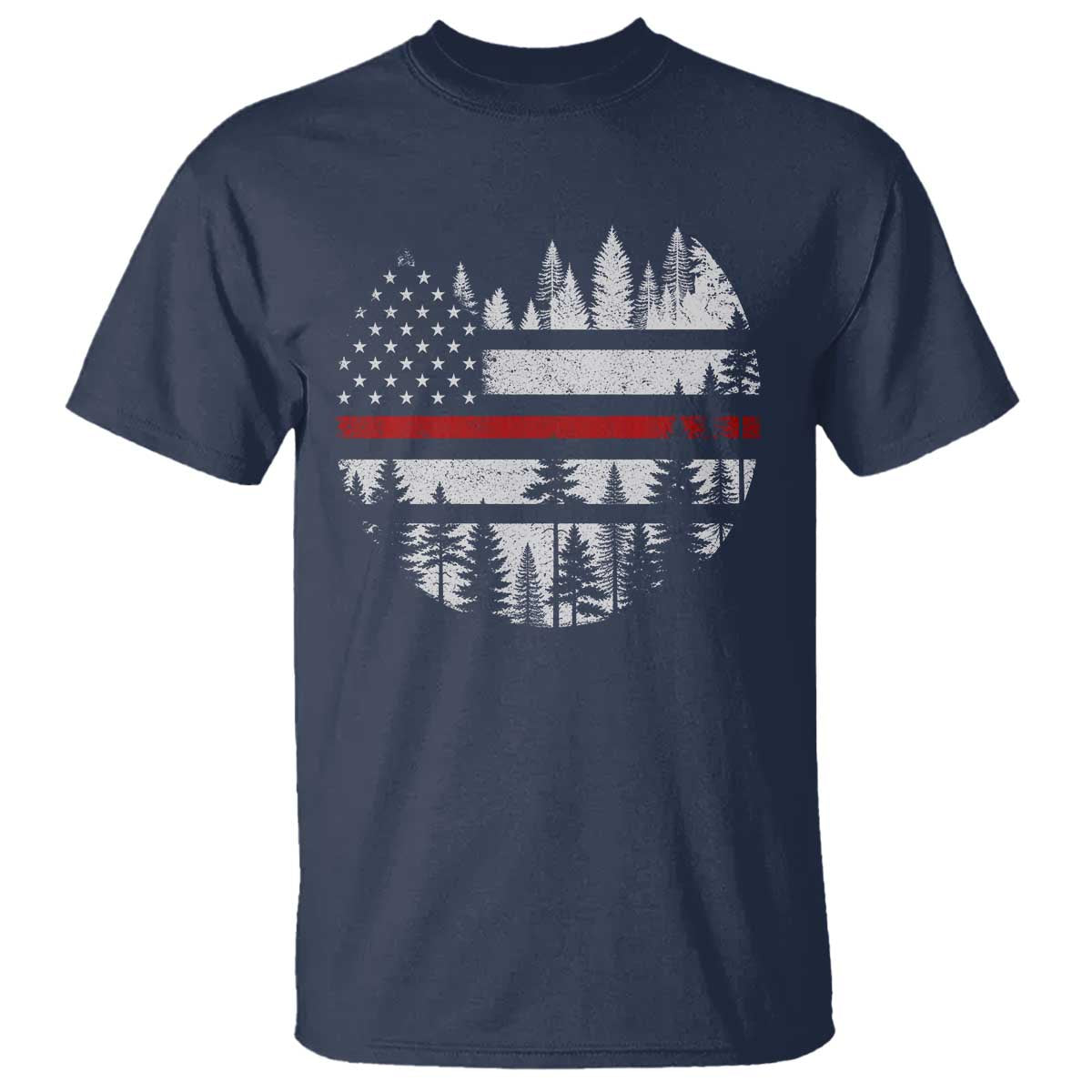 Wildland Firefighter Forest Red Line American Flag T Shirt