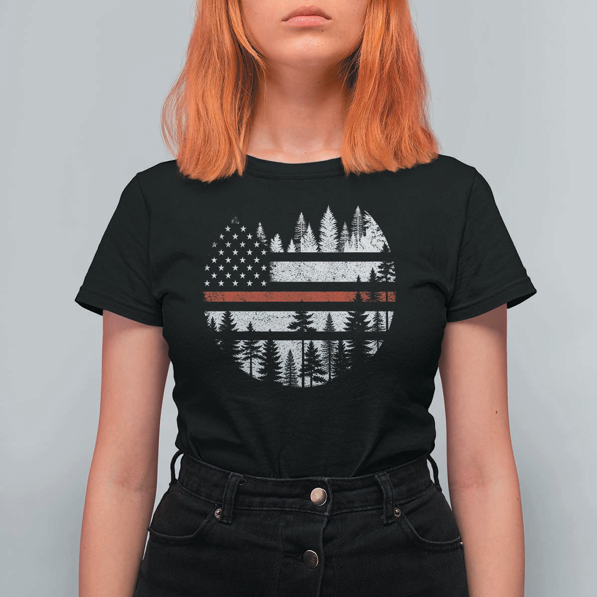 Wildland Firefighter Forest Red Line American Flag T Shirt For Women