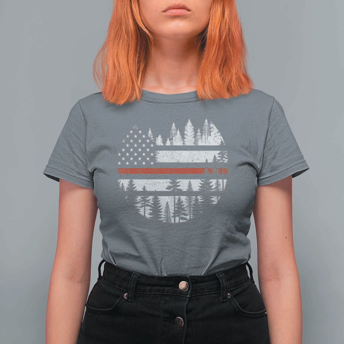 Wildland Firefighter Forest Red Line American Flag T Shirt For Women