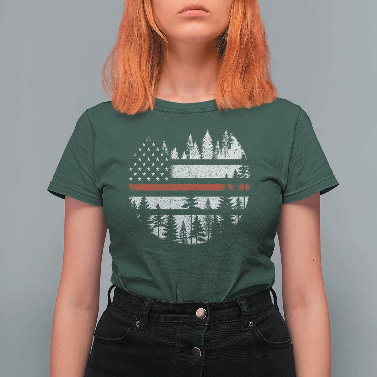 Wildland Firefighter Forest Red Line American Flag T Shirt For Women