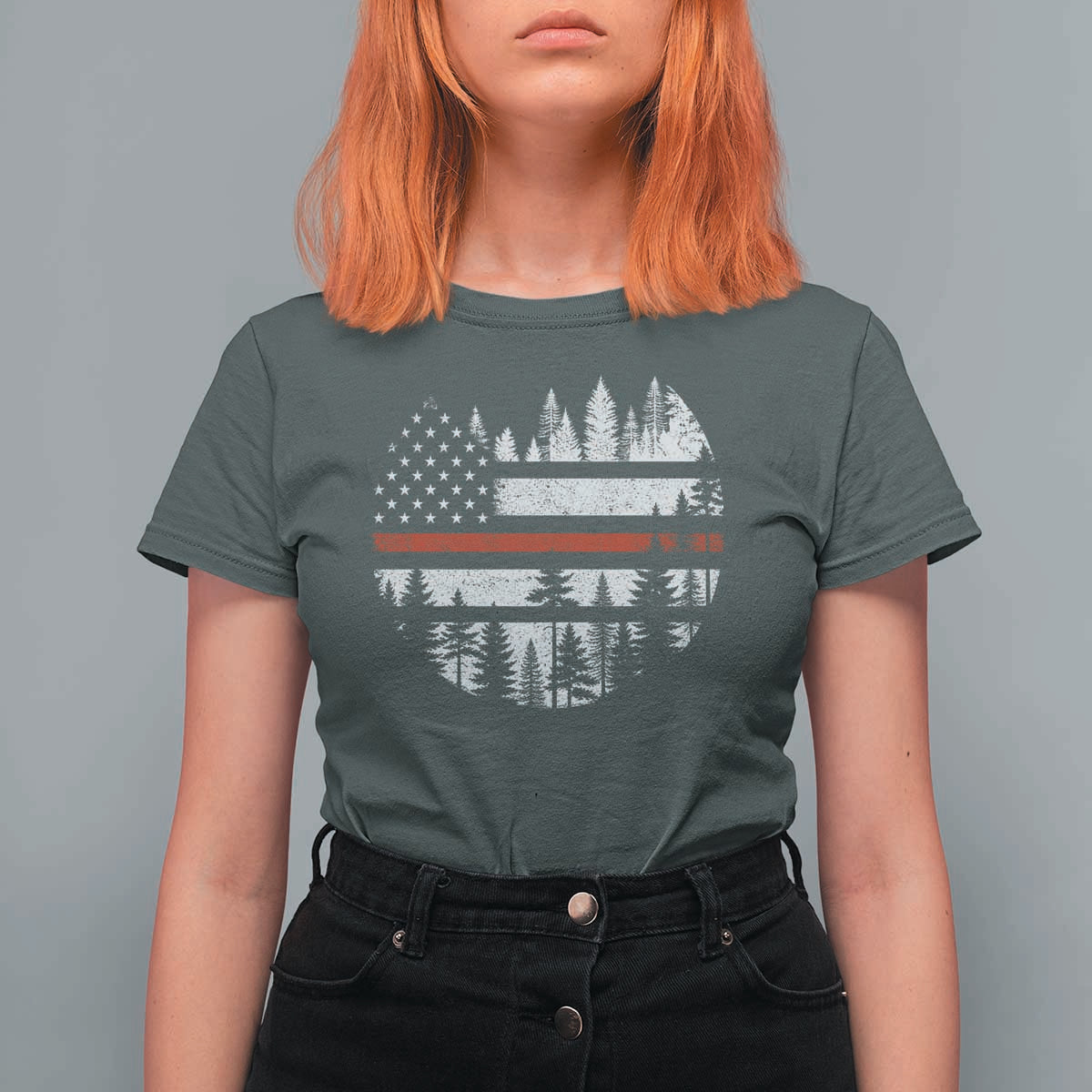 Wildland Firefighter Forest Red Line American Flag T Shirt For Women