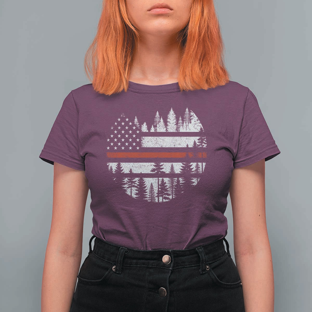 Wildland Firefighter Forest Red Line American Flag T Shirt For Women