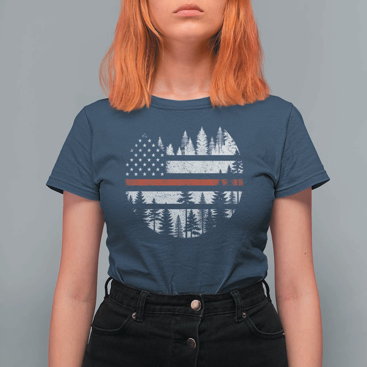 Wildland Firefighter Forest Red Line American Flag T Shirt For Women