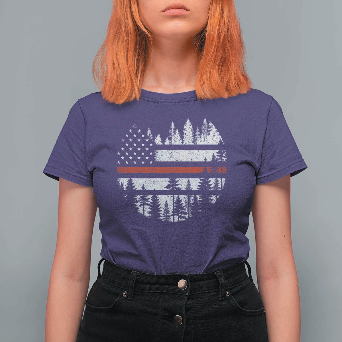 Wildland Firefighter Forest Red Line American Flag T Shirt For Women