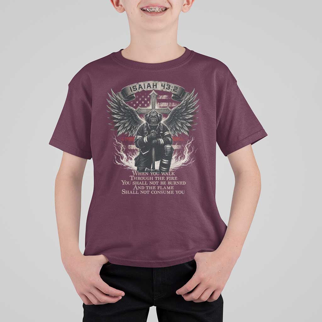 Christian Firefighter T Shirt For Kid When You Walk Through The Fire You Shall Not Be Burned American Flag