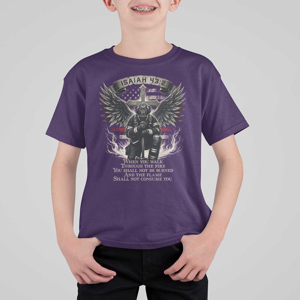 Christian Firefighter T Shirt For Kid When You Walk Through The Fire You Shall Not Be Burned American Flag