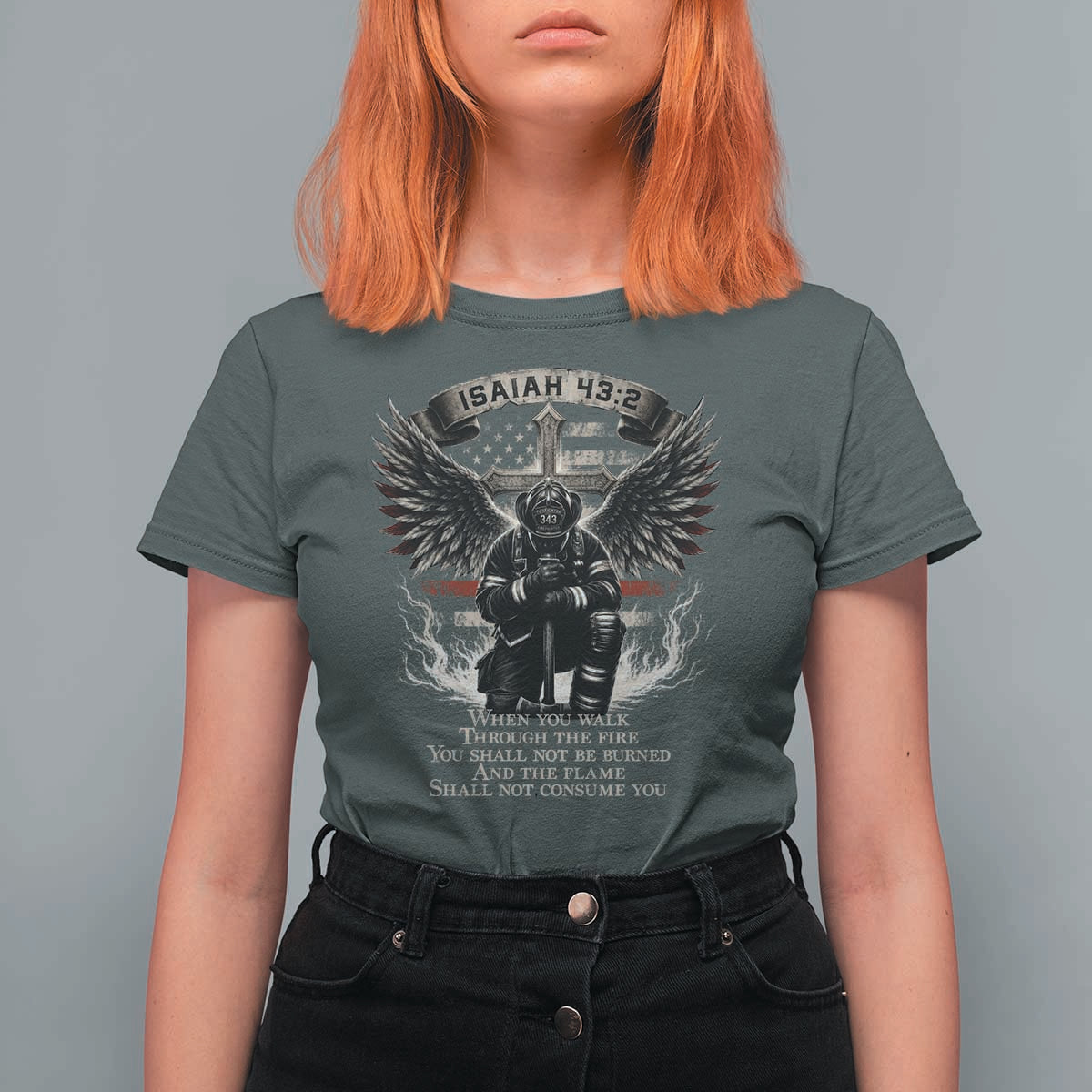 Christian Firefighter T Shirt For Women When You Walk Through The Fire You Shall Not Be Burned American Flag